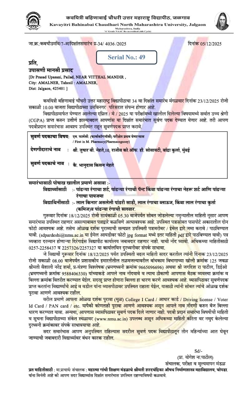 ???? Proud Achievement | Gold Medal ????  Heartiest congratulations to Ms. Upasani Mansi Prasad, a student of M. Pharmacy (Pharmacognosy) under the mentorship of Dr. Md. Rageeb Md. Usman, from MGSM’S 